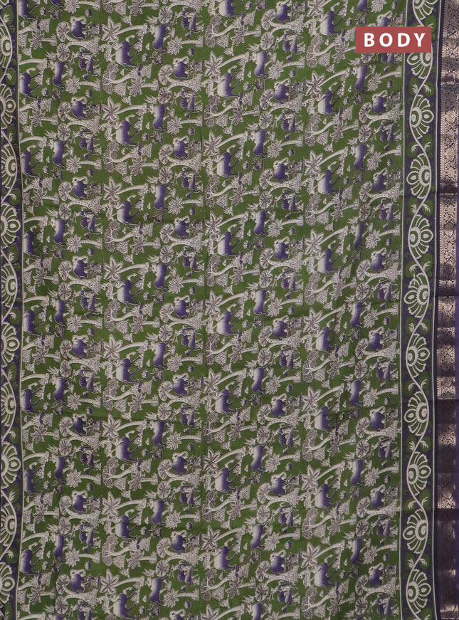 Semi maheswari cotton saree sap green and purple with allover kalamkari prints and zari woven border