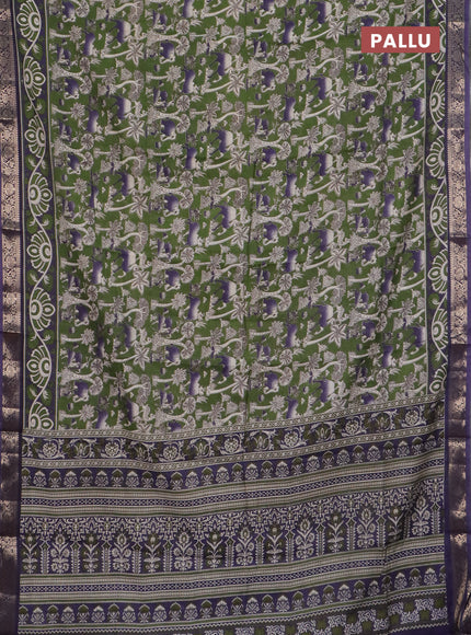 Semi maheswari cotton saree sap green and purple with allover kalamkari prints and zari woven border