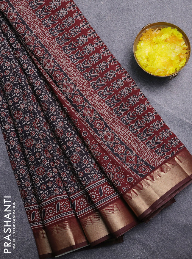 Semi maheswari cotton saree black and maroon with allover ajrakh prints and zari woven border