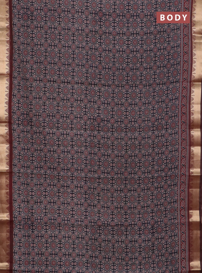 Semi maheswari cotton saree black and maroon with allover ajrakh prints and zari woven border