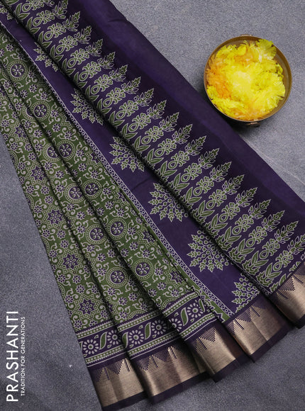 Semi maheswari cotton saree sap green and navy blue with allover ajrakh prints and zari woven border