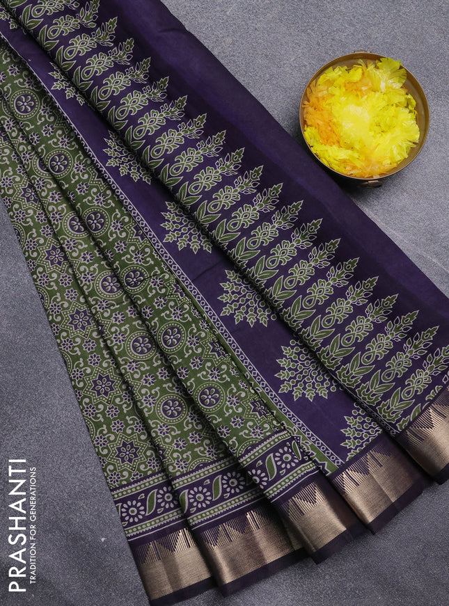 Semi maheswari cotton saree sap green and navy blue with allover ajrakh prints and zari woven border