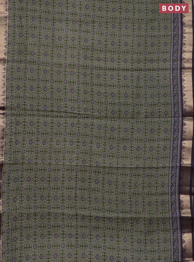 Semi maheswari cotton saree sap green and navy blue with allover ajrakh prints and zari woven border
