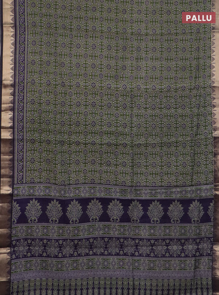 Semi maheswari cotton saree sap green and navy blue with allover ajrakh prints and zari woven border
