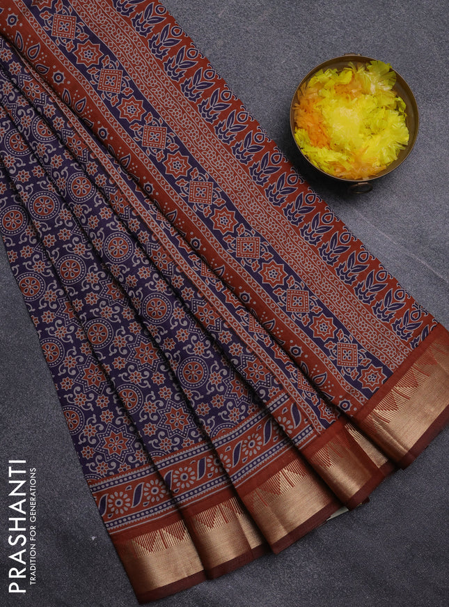 Semi maheswari cotton saree purple and rust shade with allover ajrakh prints and zari woven border