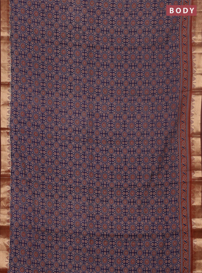 Semi maheswari cotton saree purple and rust shade with allover ajrakh prints and zari woven border
