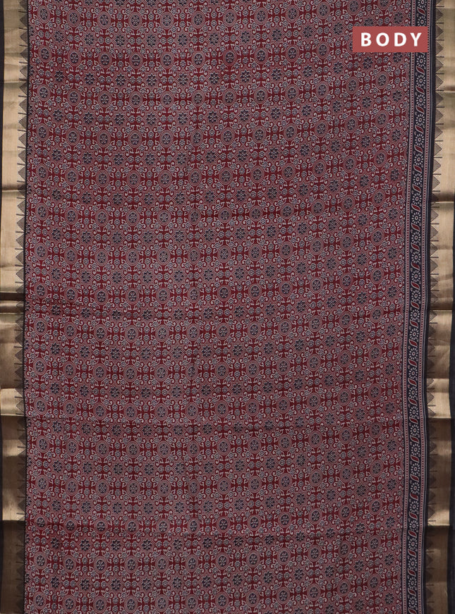 Semi maheswari cotton saree maroon and black with allover ajrakh prints and zari woven border