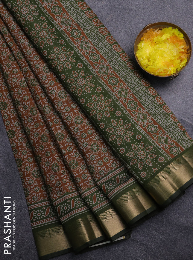 Semi maheswari cotton saree dark mustard and sap green with allover ajrakh prints and zari woven border