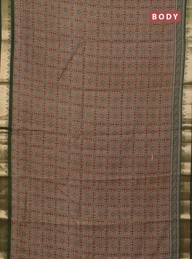 Semi maheswari cotton saree dark mustard and sap green with allover ajrakh prints and zari woven border