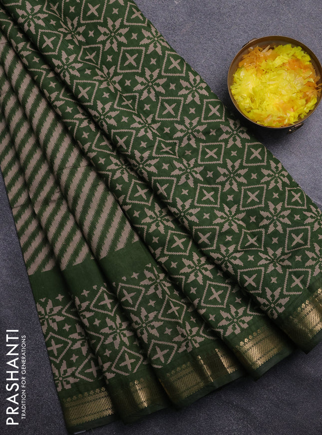 Semi maheswari cotton saree beige and sap green with allover leheriya weaves and zari woven border