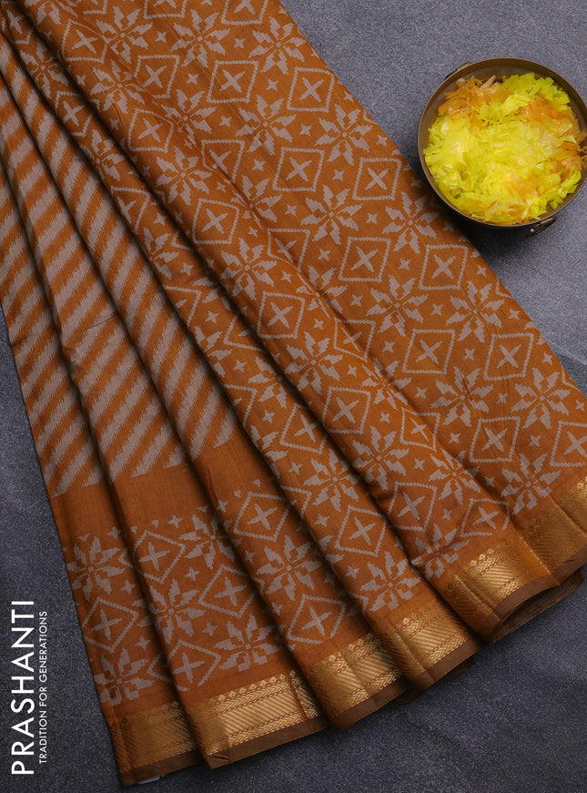 Semi maheswari cotton saree beige and mustard yellow with allover leheriya weaves and zari woven border