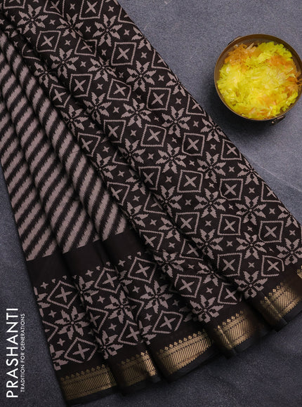 Semi maheswari cotton saree beige and black with allover leheriya weaves and zari woven border