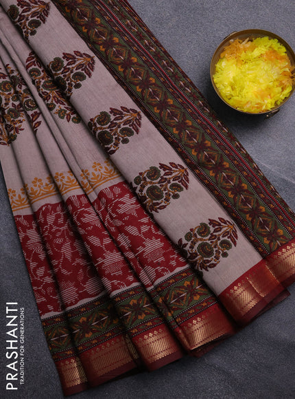 Semi maheswari cotton saree beige and deep maroon with allover butta prints and zari woven border