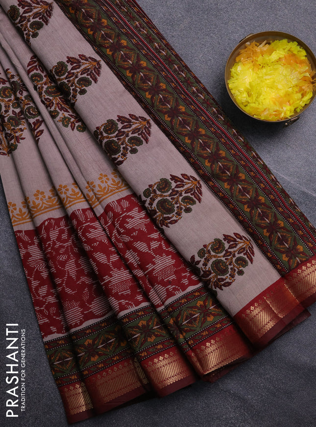 Semi maheswari cotton saree beige and deep maroon with allover butta prints and zari woven border