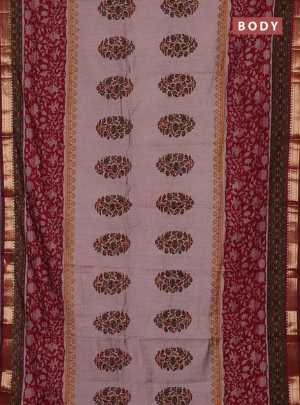 Semi maheswari cotton saree beige and deep maroon with allover butta prints and zari woven border
