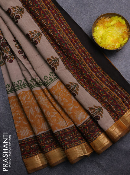 Semi maheswari cotton saree beige and dark mustard with allover butta prints and zari woven border