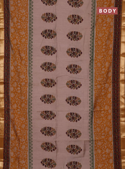 Semi maheswari cotton saree beige and dark mustard with allover butta prints and zari woven border