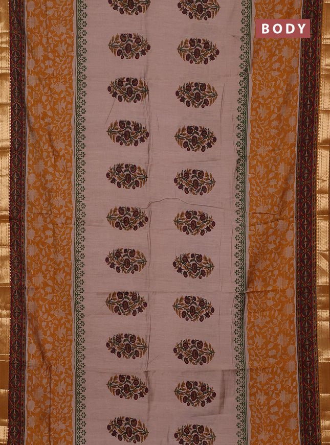 Semi maheswari cotton saree beige and dark mustard with allover butta prints and zari woven border