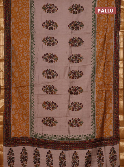 Semi maheswari cotton saree beige and dark mustard with allover butta prints and zari woven border