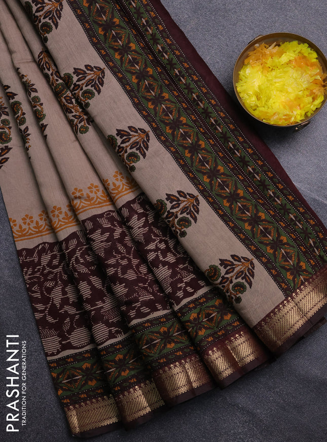 Semi maheswari cotton saree beige and wine shade with allover butta prints and zari woven border