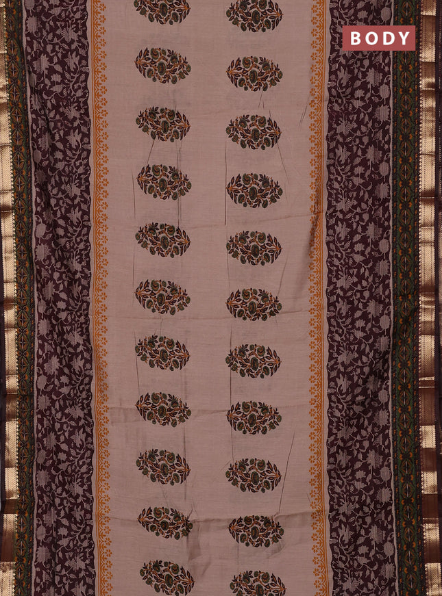 Semi maheswari cotton saree beige and wine shade with allover butta prints and zari woven border