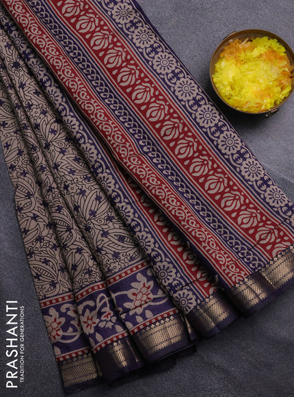 Semi maheswari cotton saree beige and navy blue with allover butta prints and zari woven border