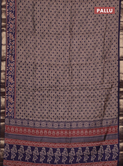 Semi maheswari cotton saree beige and navy blue with allover butta prints and zari woven border