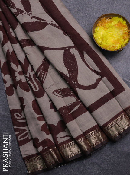 Semi maheswari cotton saree beige and coffee brown with allover prints and zari woven border