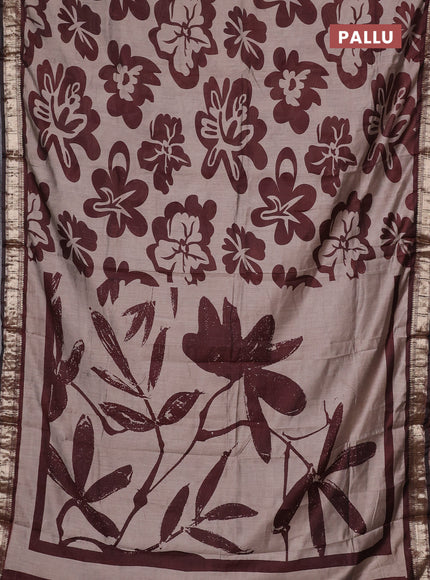 Semi maheswari cotton saree beige and coffee brown with allover prints and zari woven border