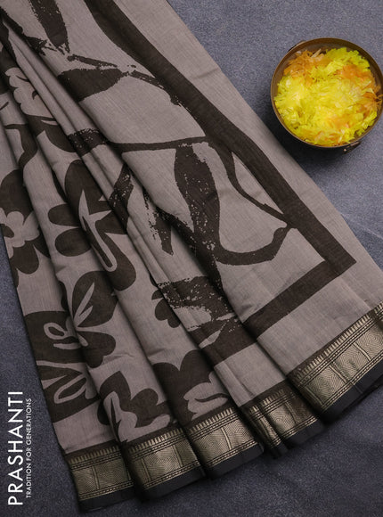Semi maheswari cotton saree beige and olive green with allover prints and zari woven border