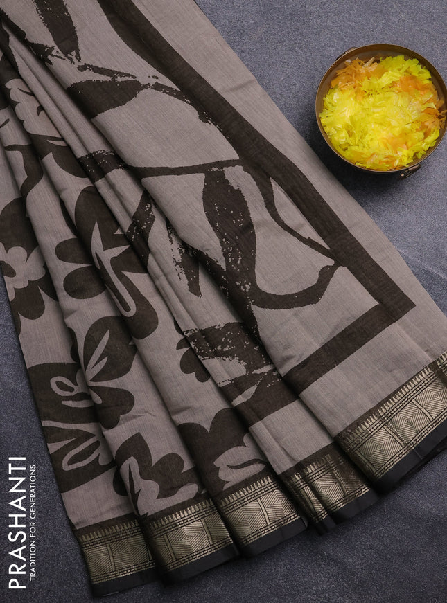 Semi maheswari cotton saree beige and olive green with allover prints and zari woven border