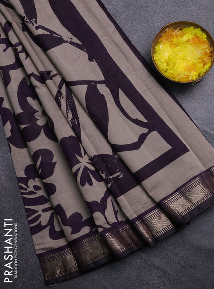 Semi maheswari cotton saree beige and deep purple with allover prints and zari woven border