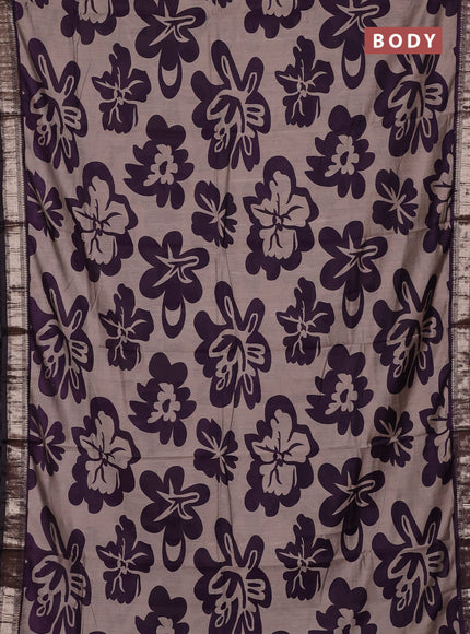 Semi maheswari cotton saree beige and deep purple with allover prints and zari woven border