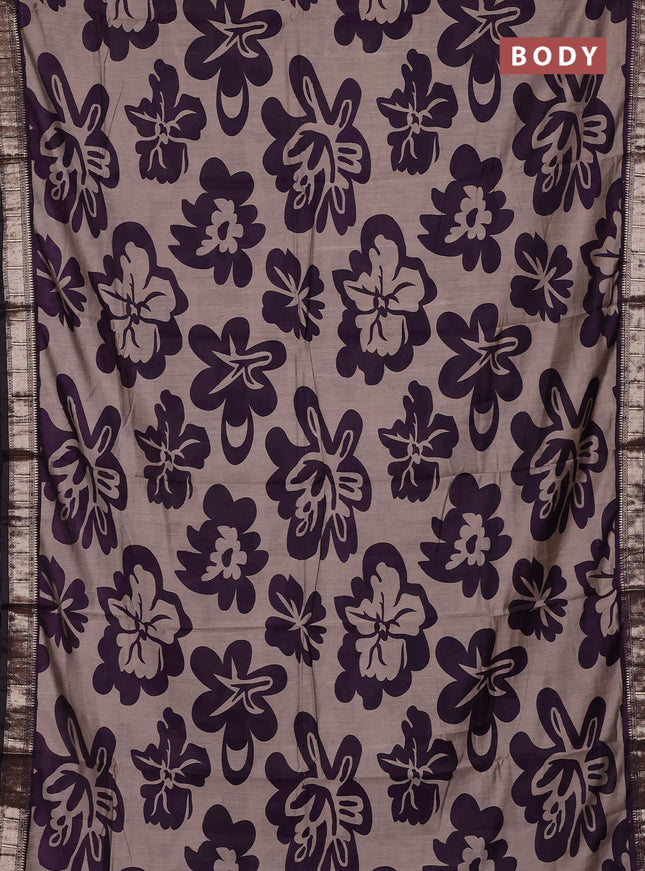 Semi maheswari cotton saree beige and deep purple with allover prints and zari woven border