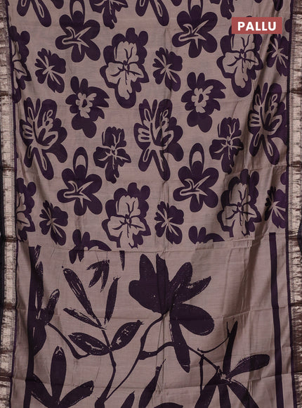 Semi maheswari cotton saree beige and deep purple with allover prints and zari woven border
