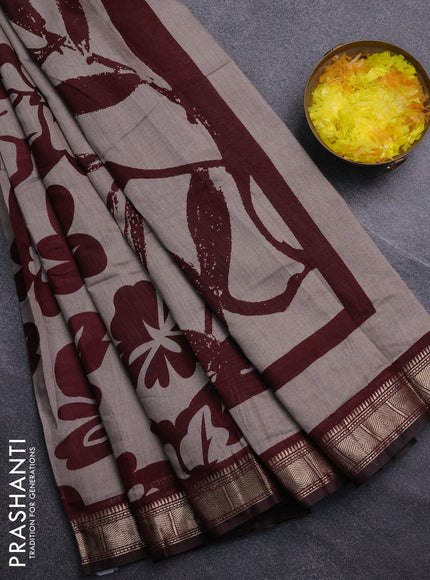 Semi maheswari cotton saree beige and maroon with allover prints and zari woven border