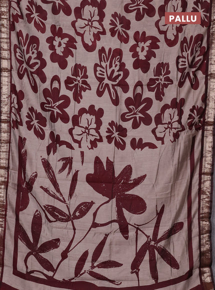 Semi maheswari cotton saree beige and maroon with allover prints and zari woven border