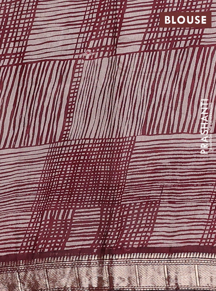 Semi maheswari cotton saree beige and maroon with allover prints and zari woven border