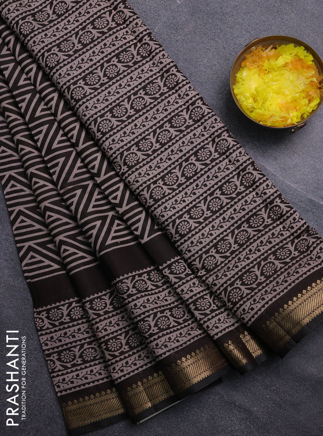 Semi maheswari cotton saree black with allover geomatric prints and zari woven border