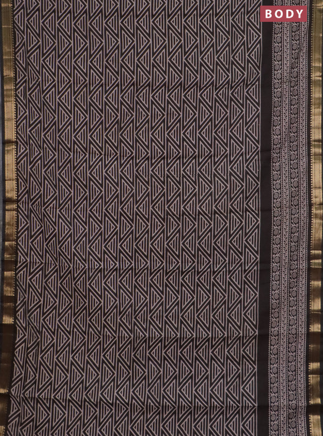 Semi maheswari cotton saree black with allover geomatric prints and zari woven border