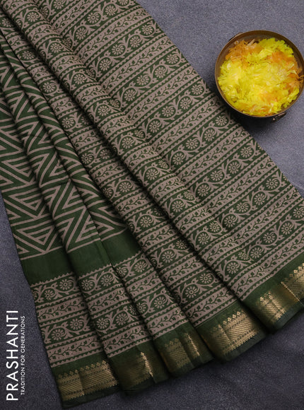 Semi maheswari cotton saree sap green with allover geomatric prints and zari woven border