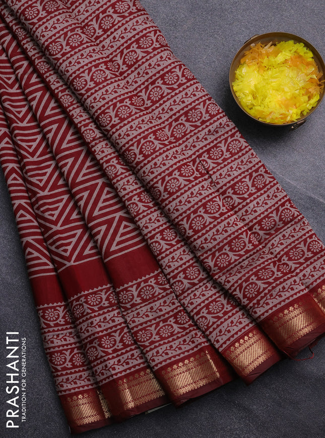 Semi maheswari cotton saree maroon with allover geomatric prints and zari woven border