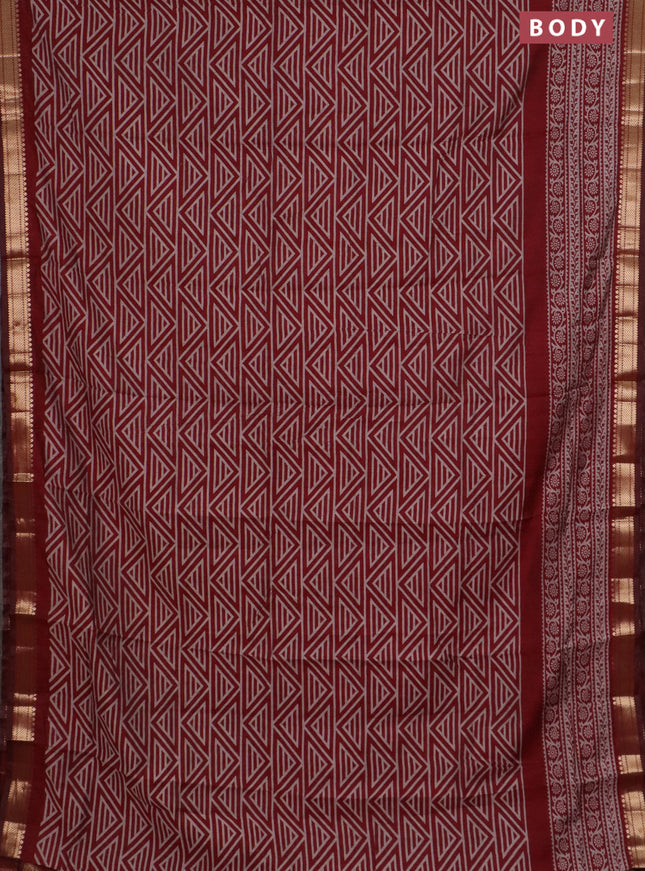 Semi maheswari cotton saree maroon with allover geomatric prints and zari woven border