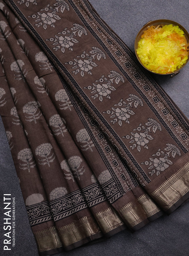 Semi maheswari cotton saree brown with allover floral prints and zari woven border