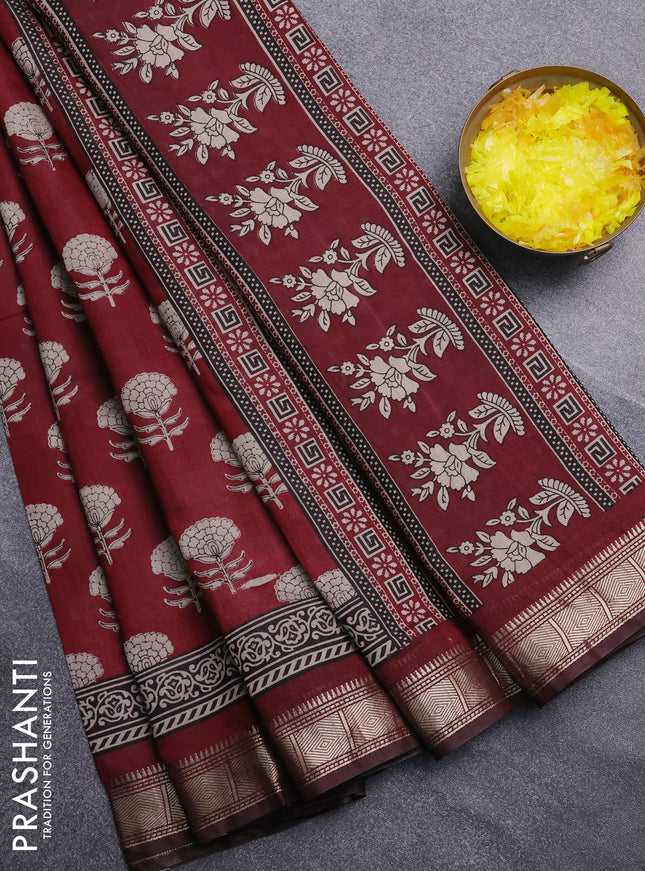 Semi maheswari cotton saree maroon with allover floral prints and zari woven border