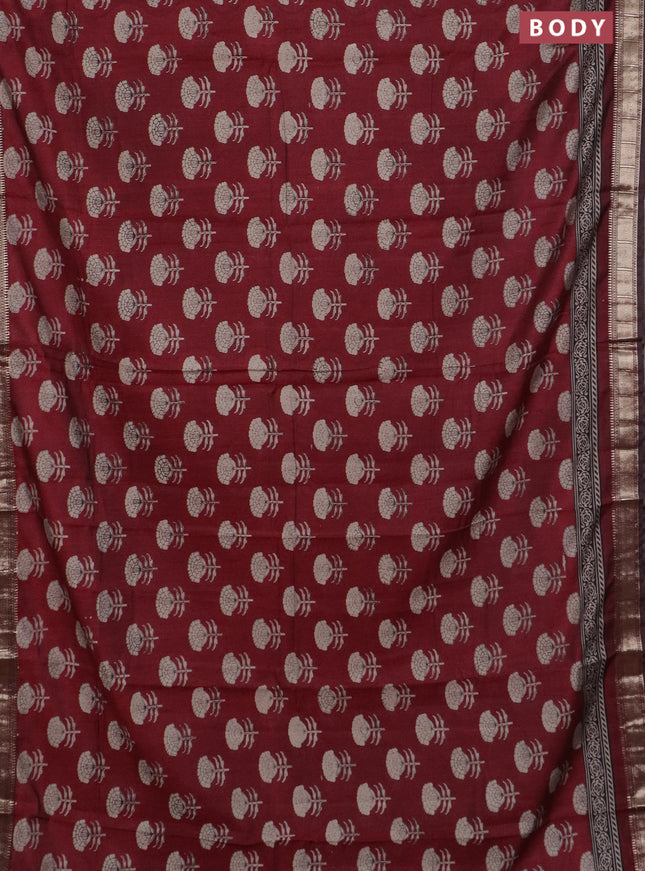 Semi maheswari cotton saree maroon with allover floral prints and zari woven border