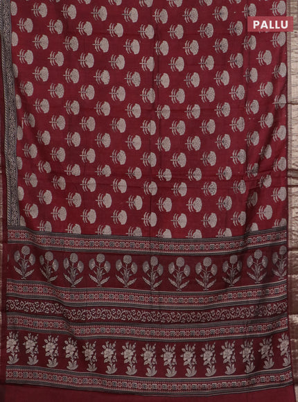 Semi maheswari cotton saree maroon with allover floral prints and zari woven border