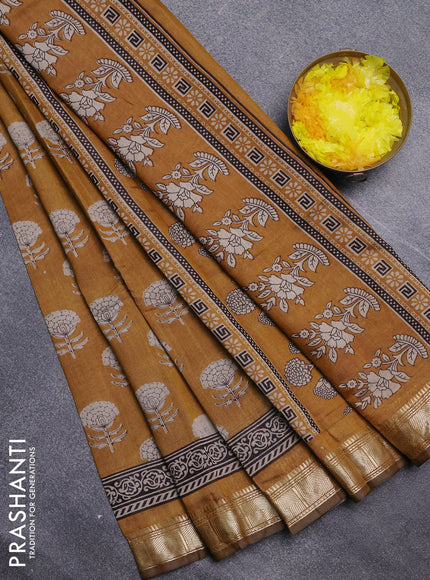 Semi maheswari cotton saree mustard yellow with allover floral prints and zari woven border