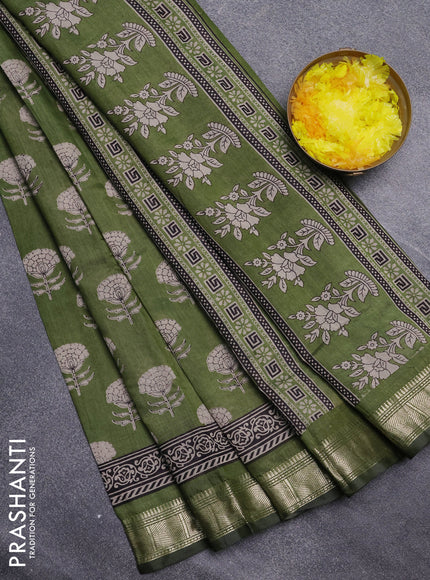 Semi maheswari cotton saree sap green with allover floral prints and zari woven border