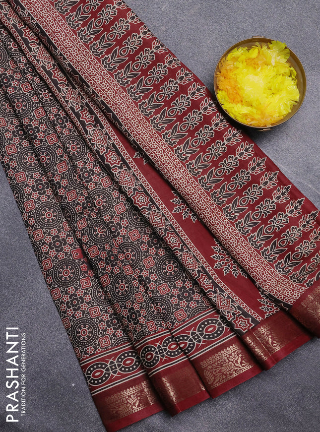 Semi maheswari cotton saree black and maroon with allover ajrak prints and zari woven border